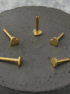 Gold Heart Flatback Threadless Earring Post × 3
